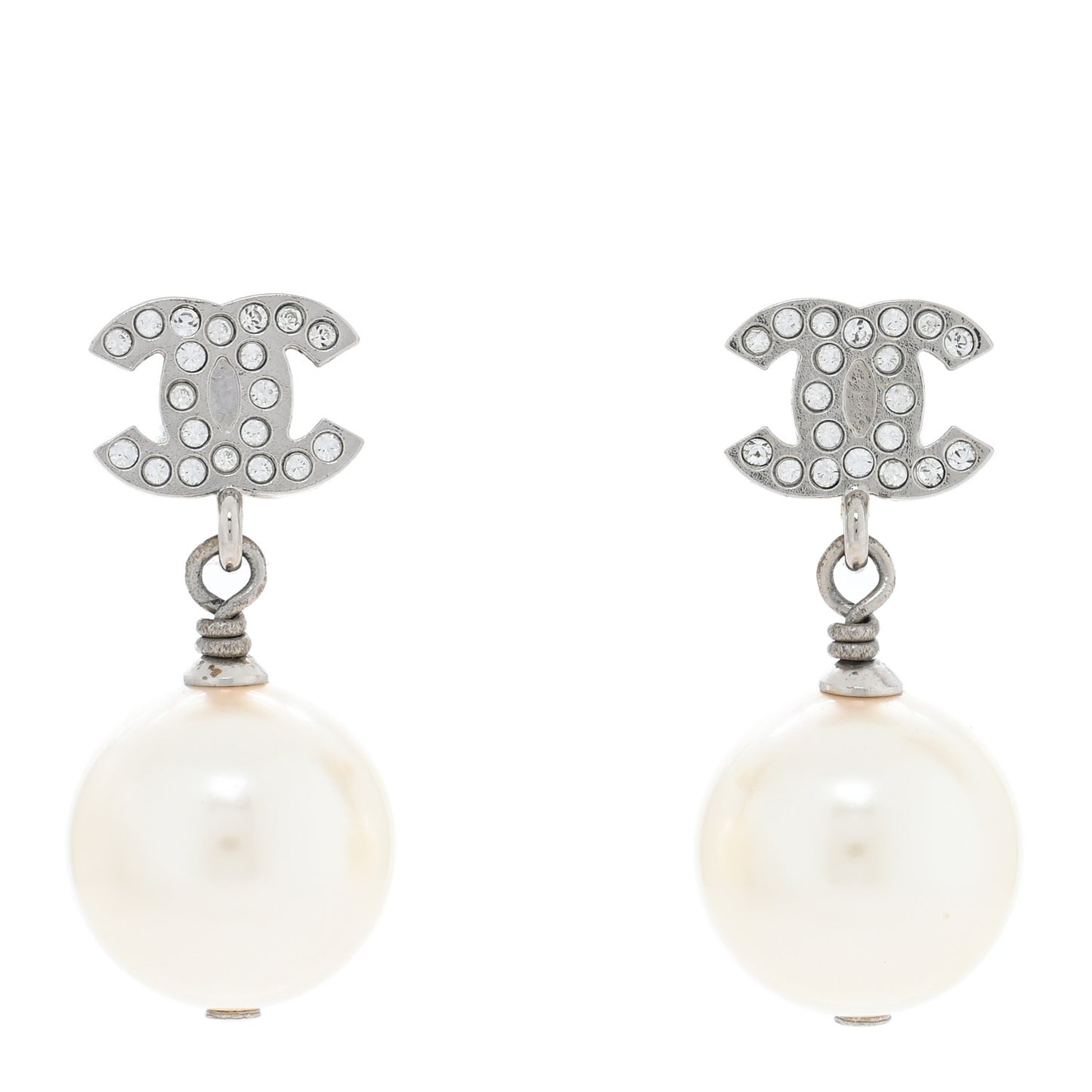 Crystal Pearl CC Drop Earrings Silver Pearly White