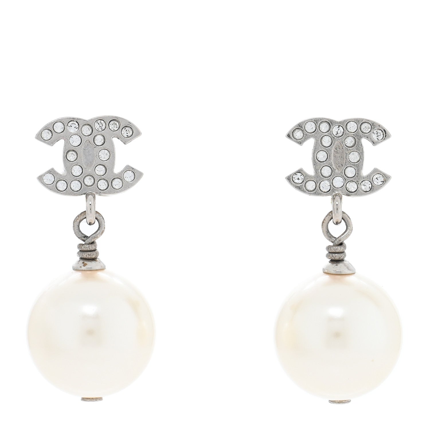 Chanel Crystal Pearl CC Drop Earrings Silver Pearly White 1 of 4