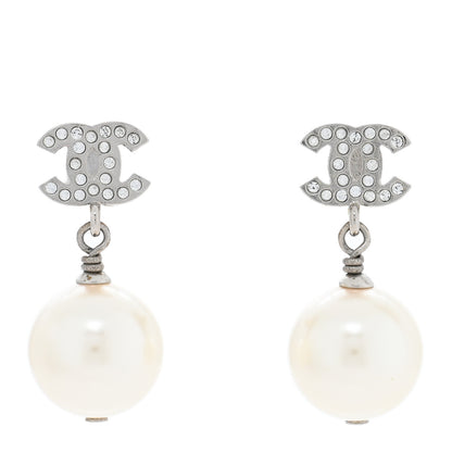 Chanel Crystal Pearl CC Drop Earrings Silver Pearly White 1 of 4