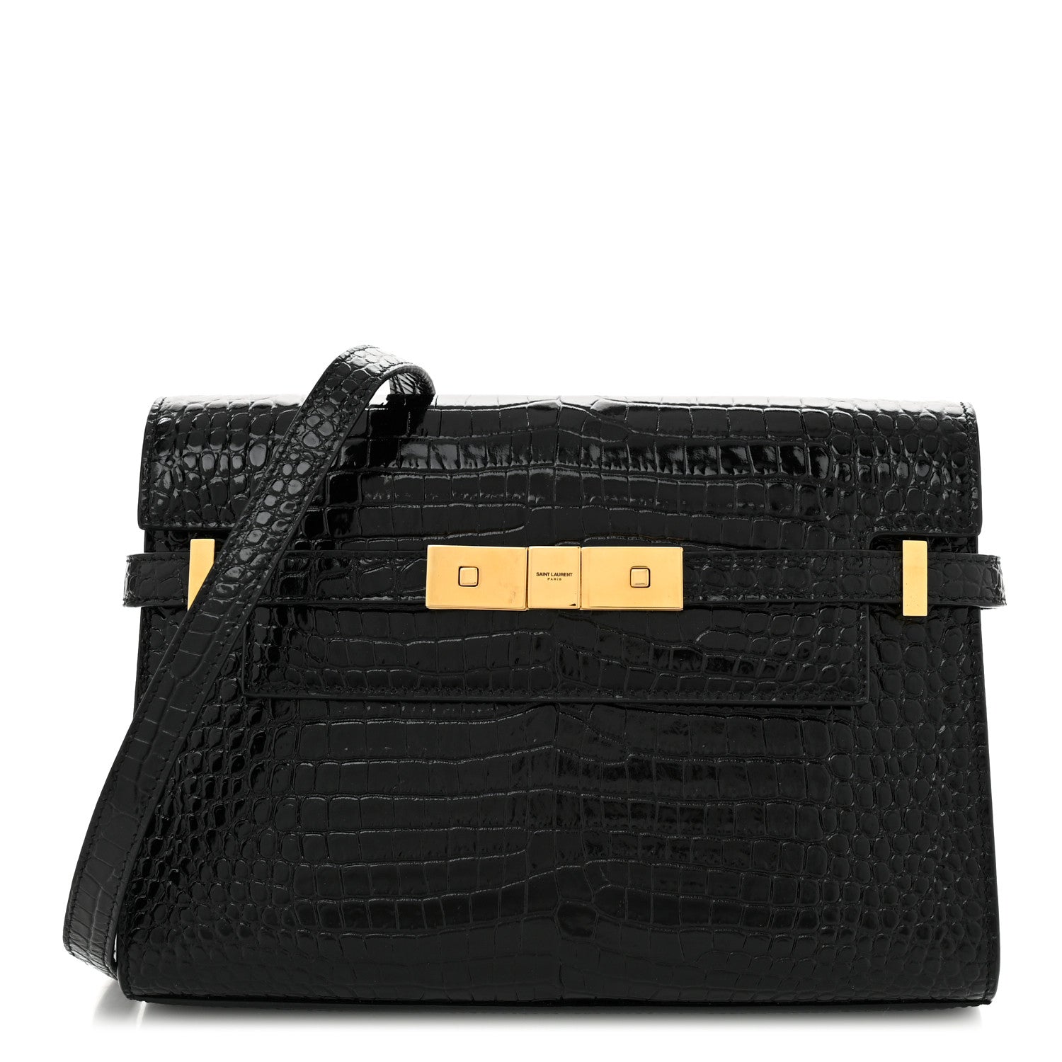 Saint Laurent Shiny Calfskin Crocodile Embossed Small Manhattan Baguette Black 1 of 9