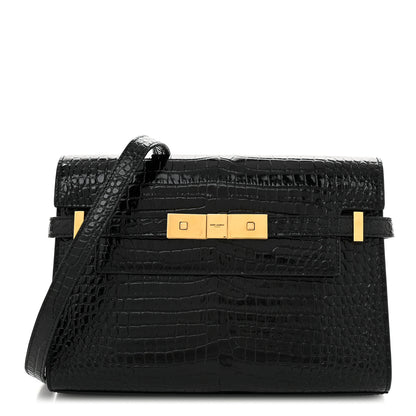 Saint Laurent Shiny Calfskin Crocodile Embossed Small Manhattan Baguette Black 1 of 9