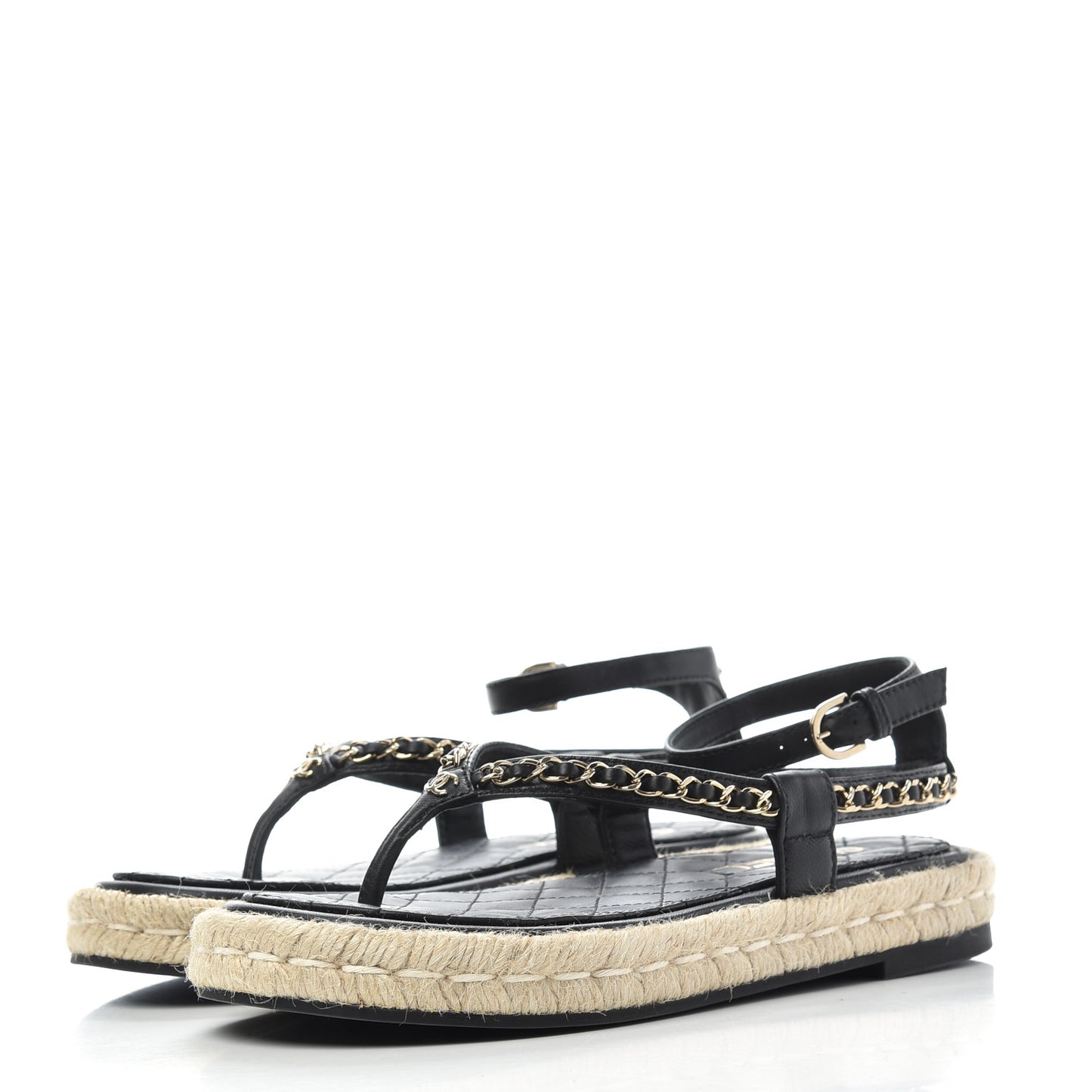 Lambskin Chain CC Thong Espadrille Sandals 38 Black