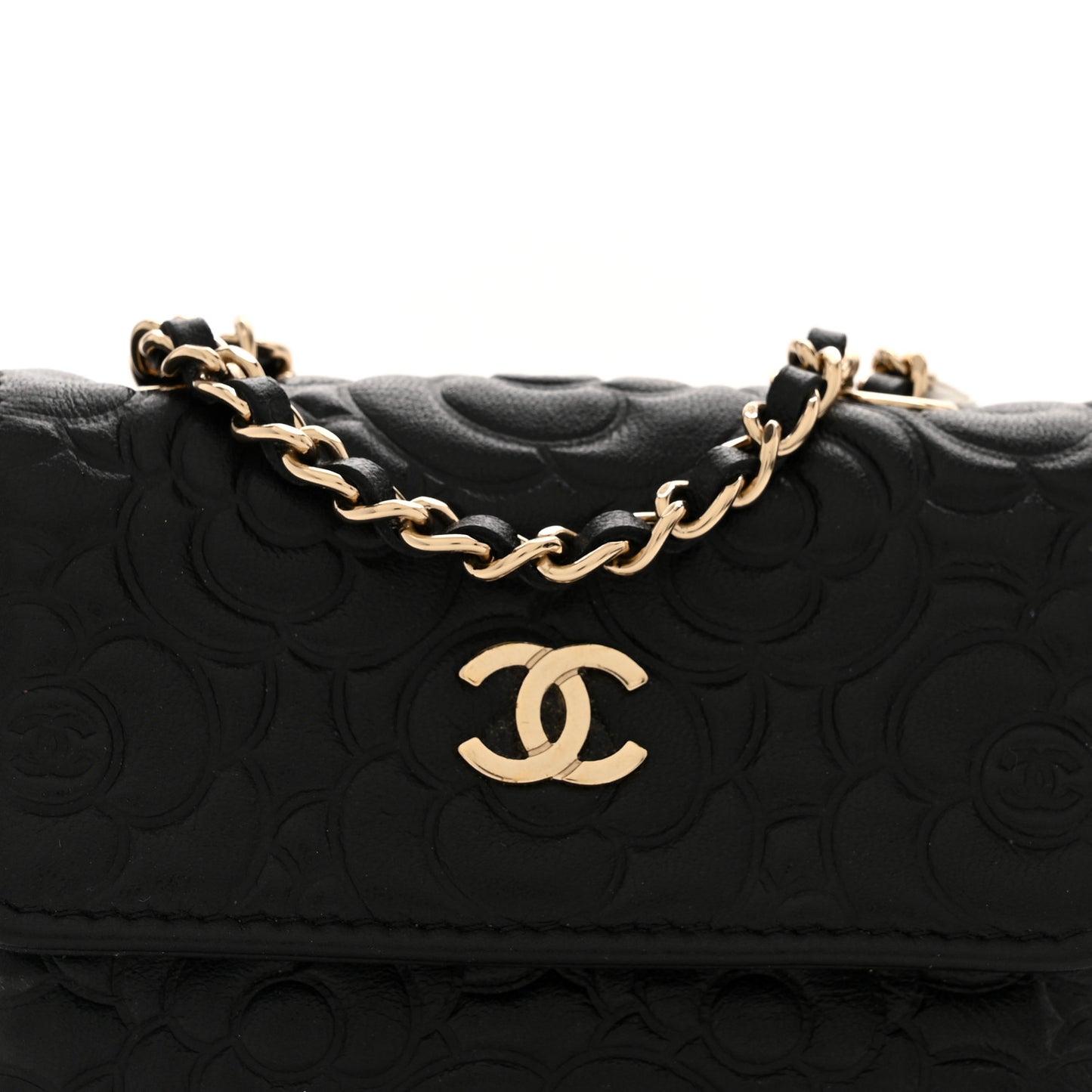 Lambskin Camellia Embossed Chain Belt Bag Black