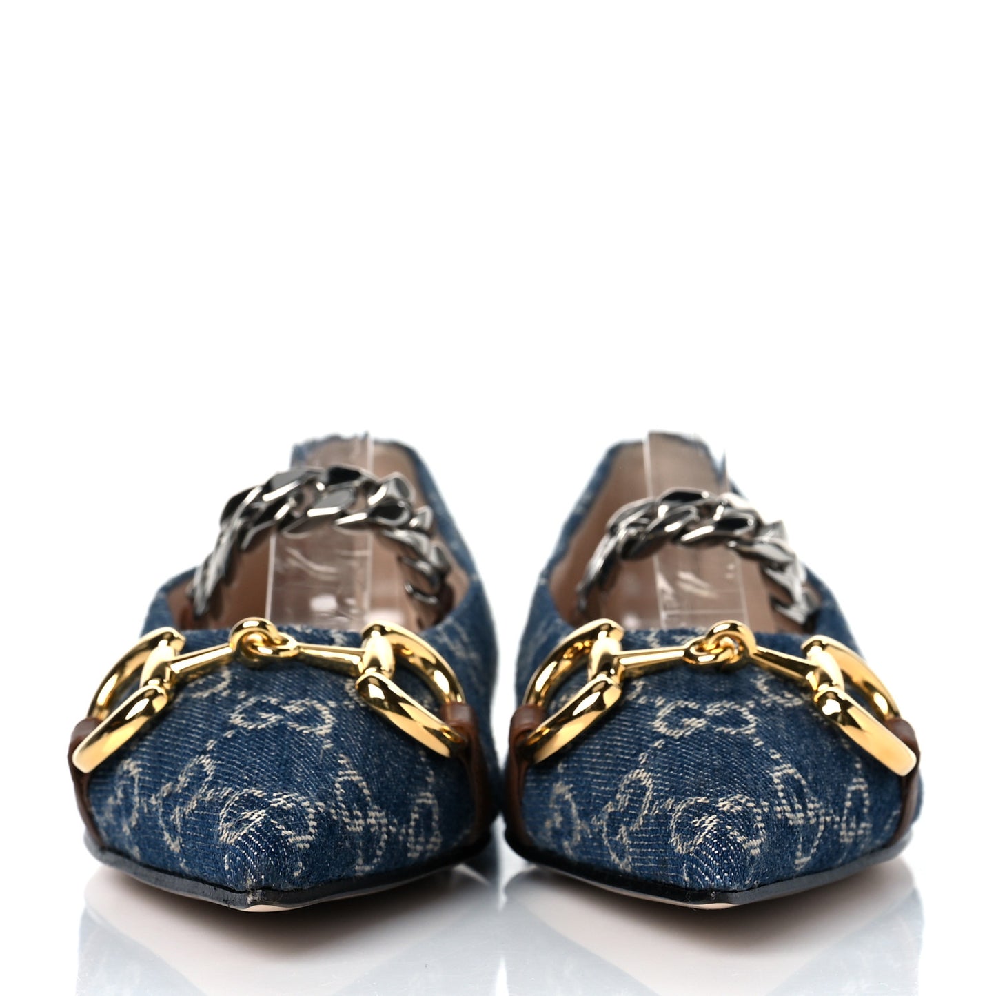 New Denim GG Monogram Deva Horsebit Chain Embellished Flats 38 Blue Tea