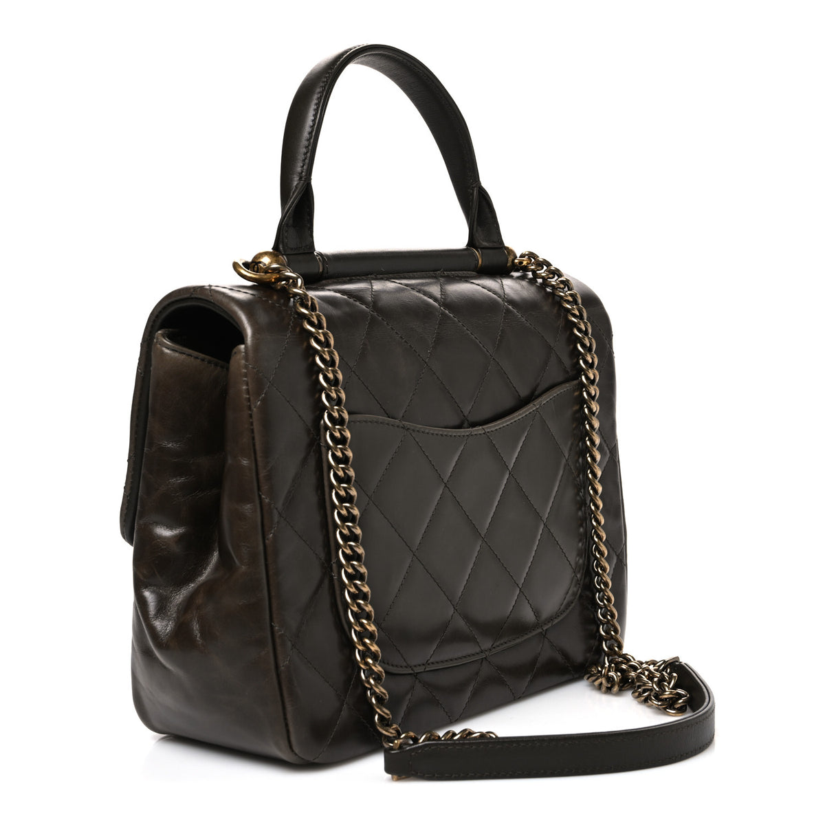 Chanel Glazed Calfskin Quilted Large Gold Bar Top Handle Flap Dark Grey 2 of 9