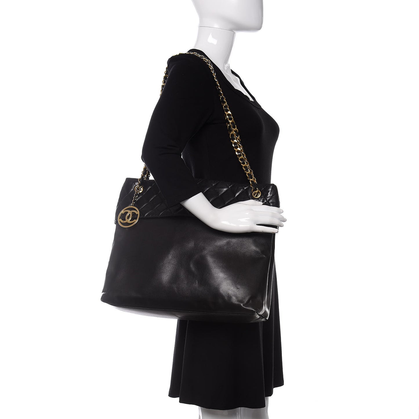 Calfskin Quilted Large Shoulder Bag Black