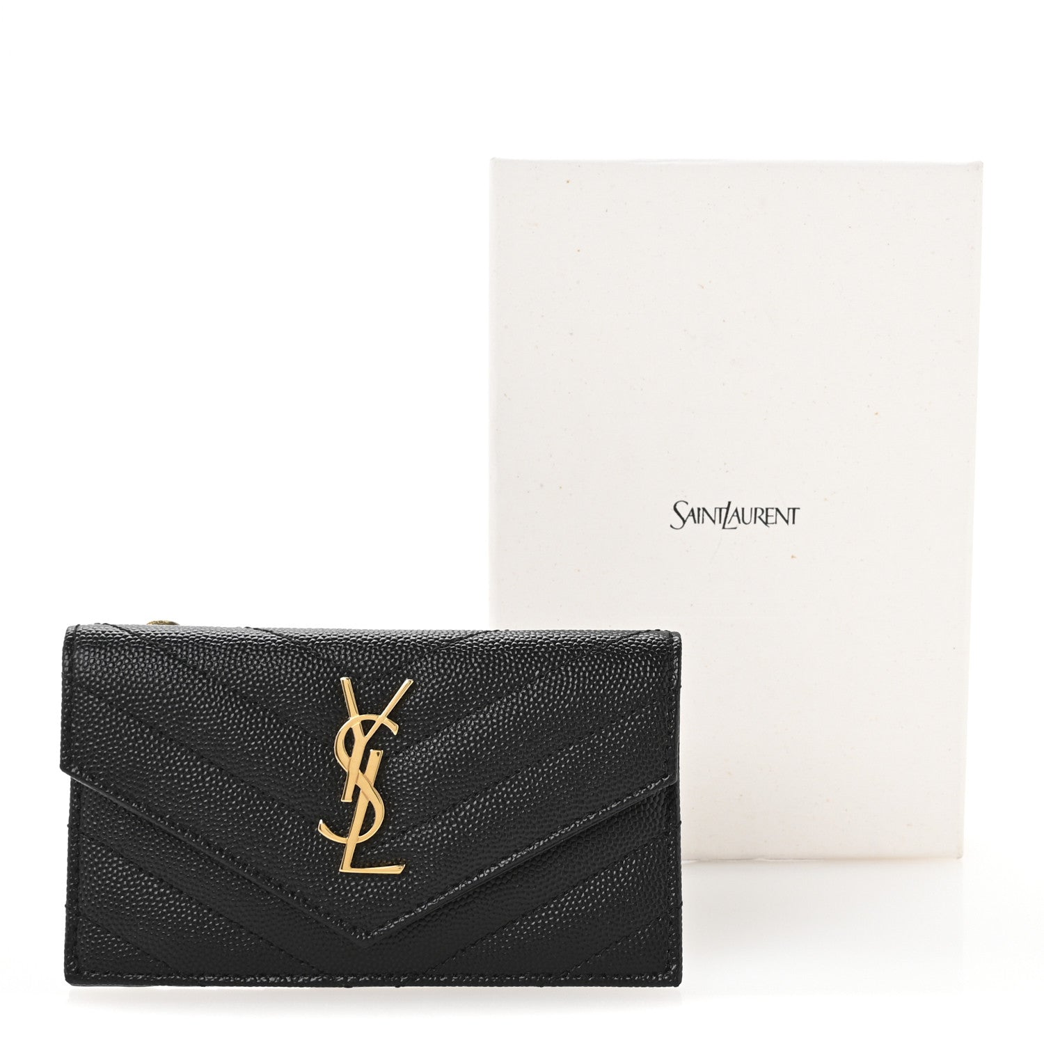 Saint Laurent Grain De Poudre Matelasse Chevron Monogram Compact Wallet Black 8 of 8