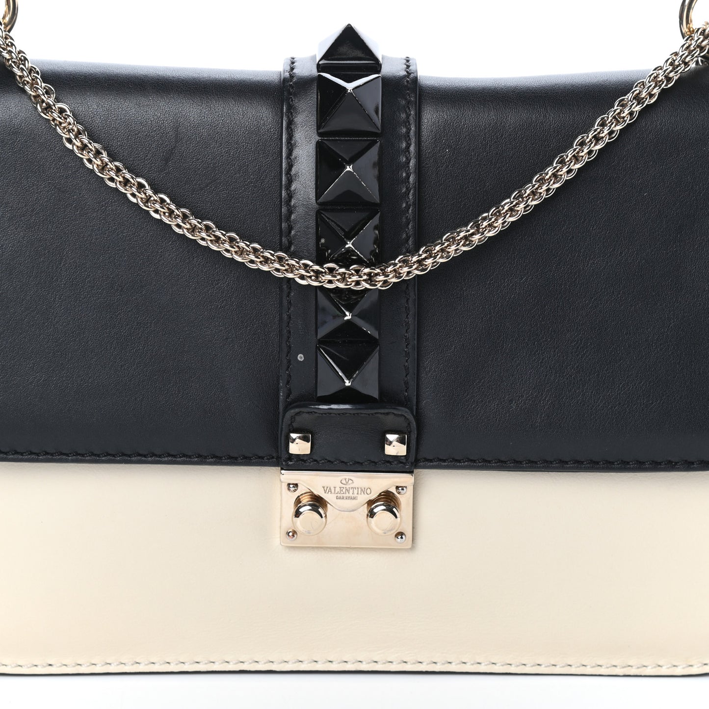 Vitello Medium Glam Lock Rockstud Flap Black Light Ivory