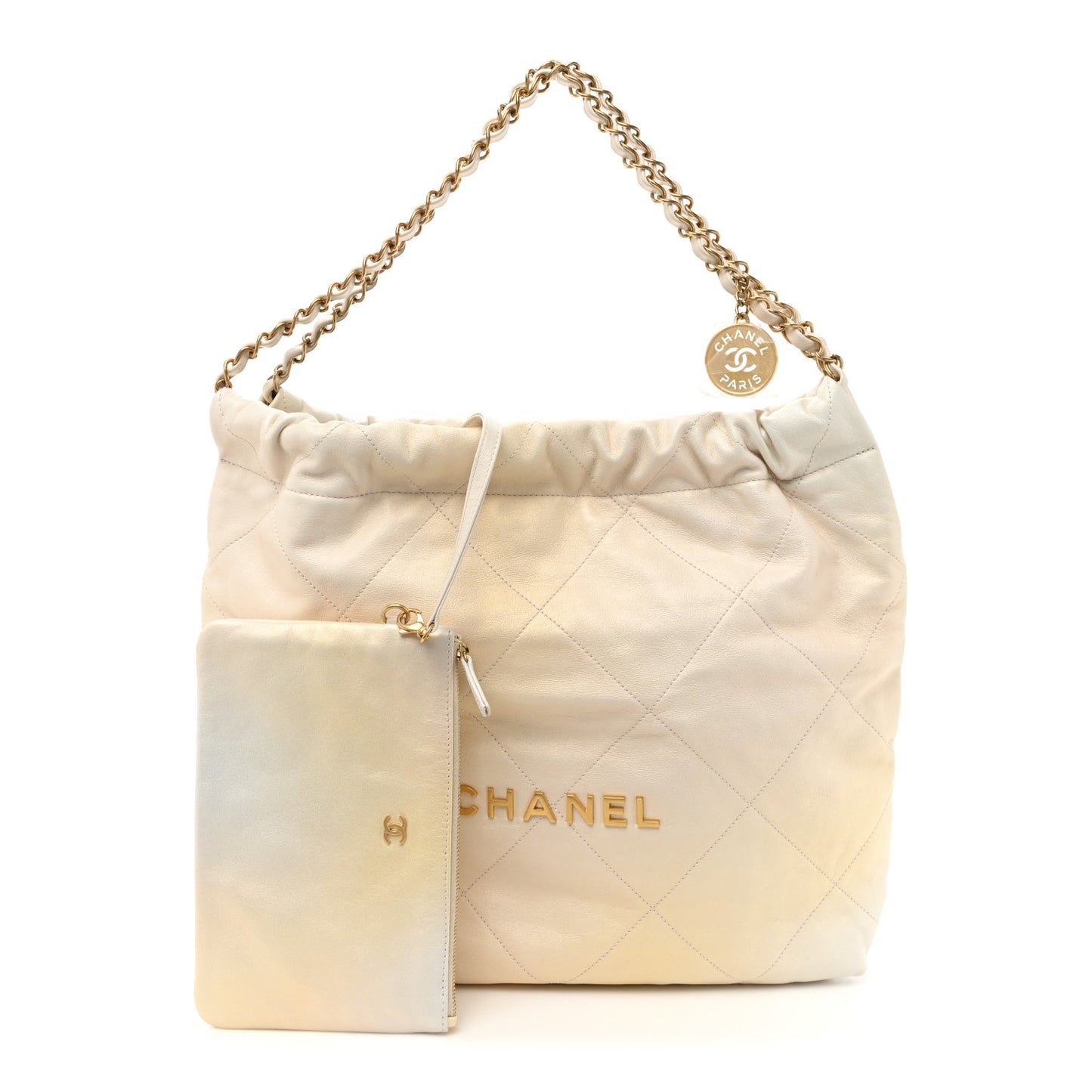 Iridescent Calfskin Quilted Chanel 22 Golden White