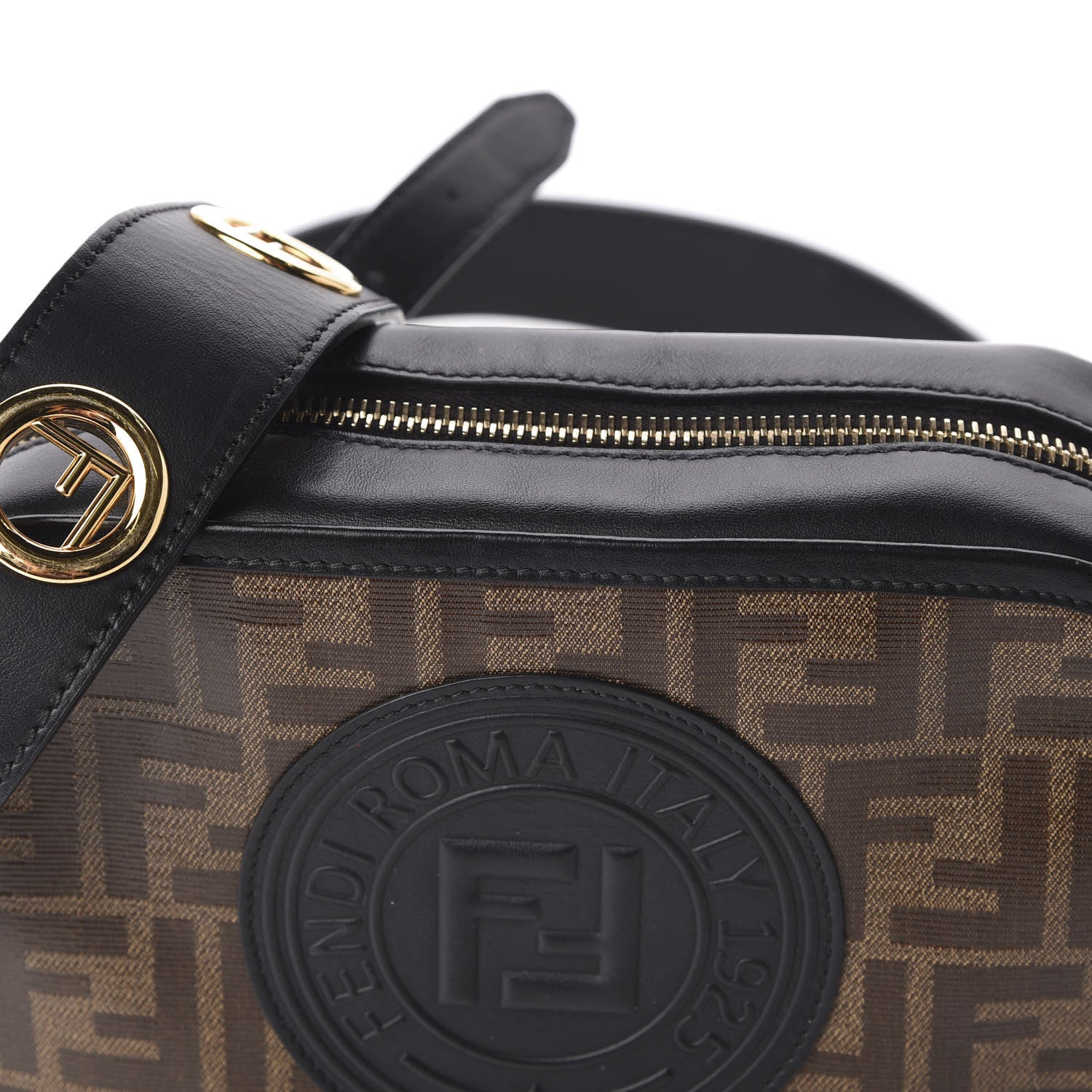 Fendi Glazed Fabric Vitello Century F is Fendi FF 1974 Stamp Patch Camera Case Mogano Panna Black 12 of 12