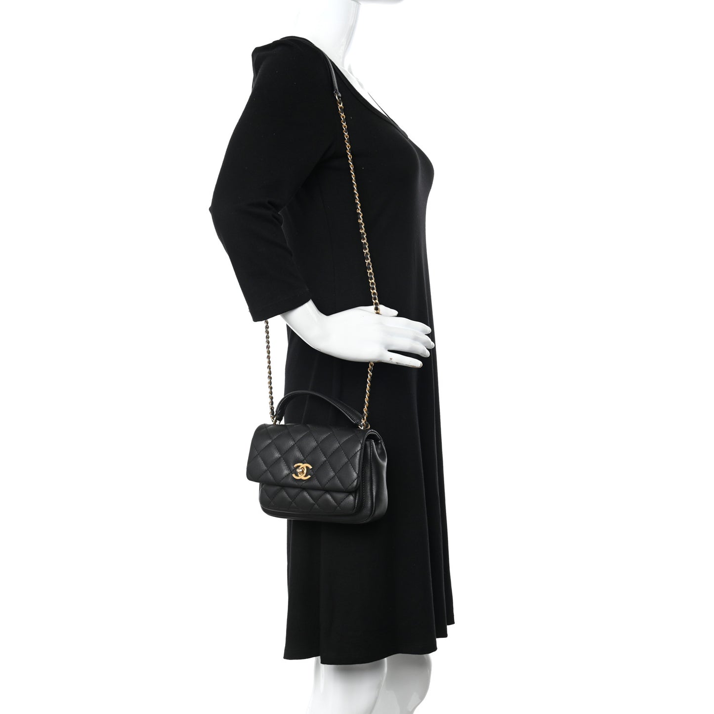 Calfskin Quilted Top Handle Flap Black