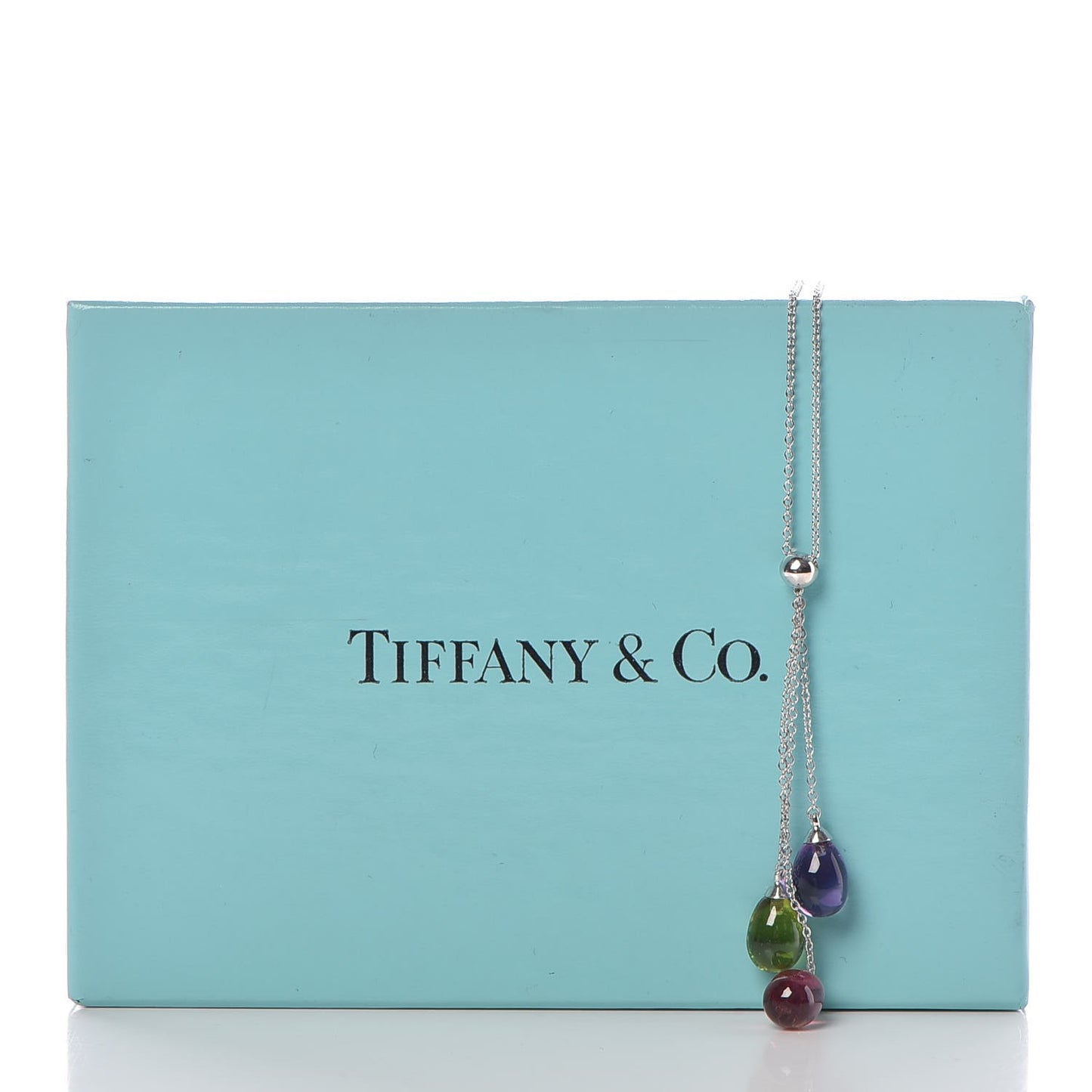 18K White Gold Amethyst Peridot Pink Tourmaline Rainbow Drops Three Stone Necklace