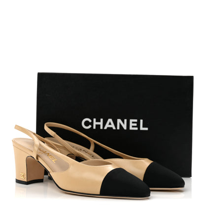 Chanel Goatskin Grosgrain Cap Toe CC Slingback Pumps 38 Beige Black 10 of 10