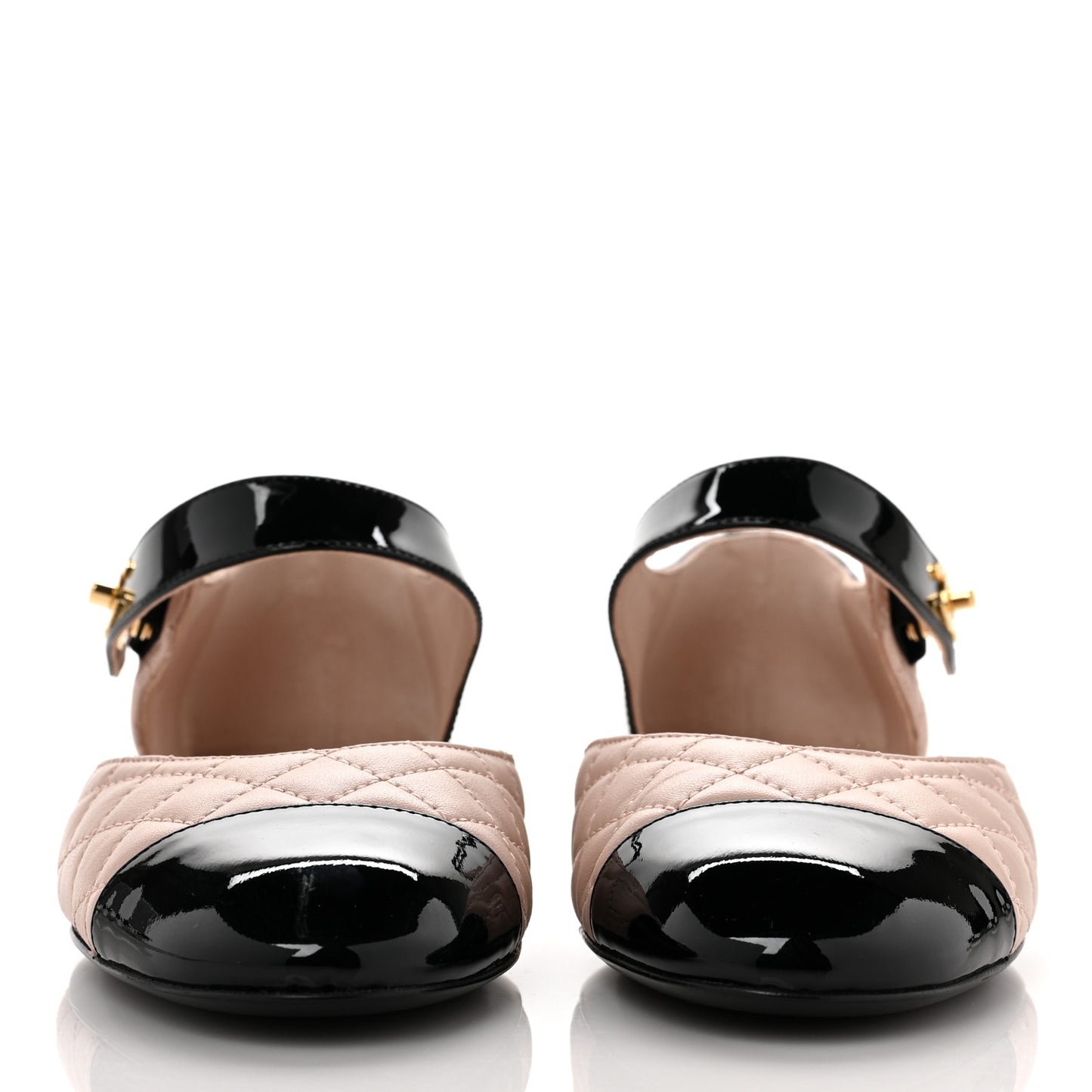 Patent Lambskin Quilted Cap Toe Ballerina Flats 36 Beige Black