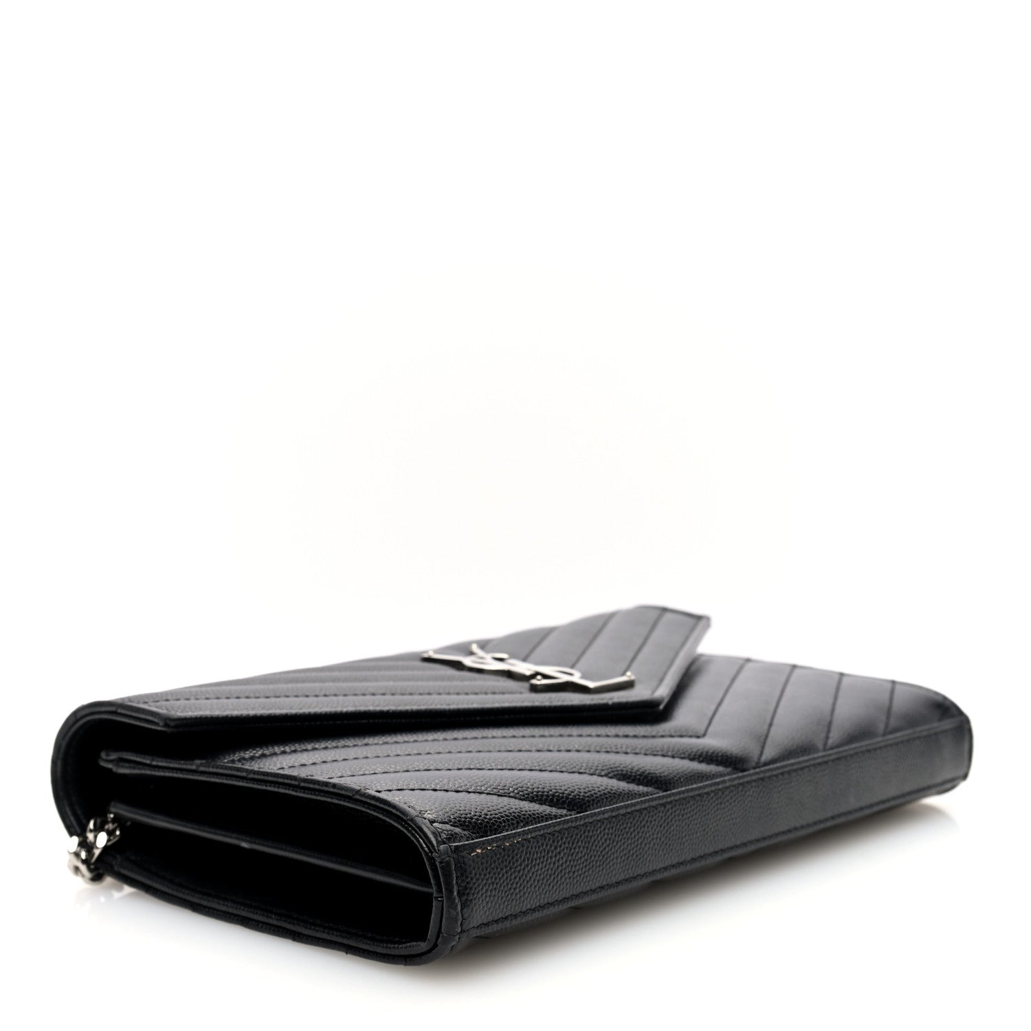 Saint Laurent Grain De Poudre Matelasse Chevron Monogram Chain Wallet Black 4 of 10