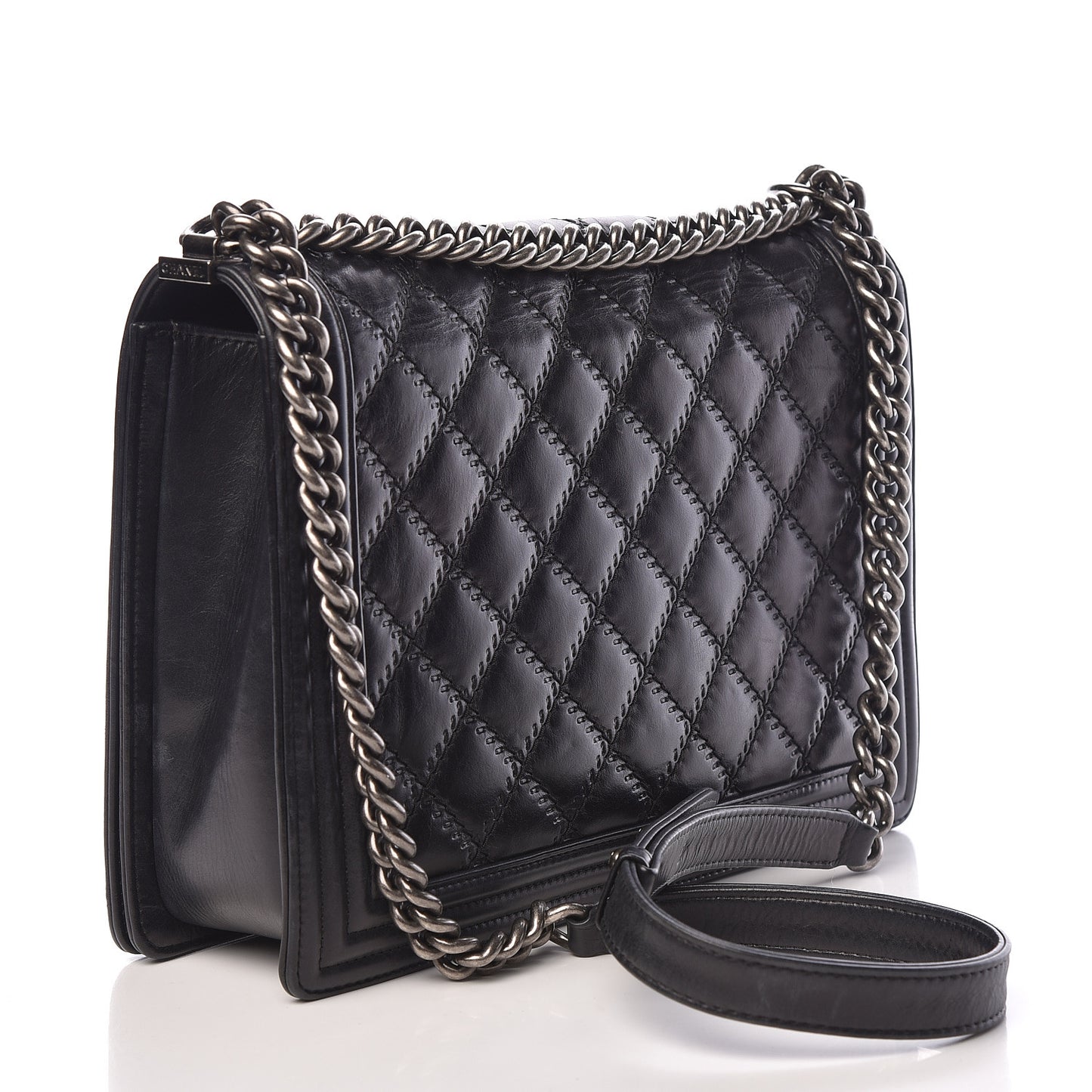 Calfskin Embossed Stitch Large Boy Flap Black