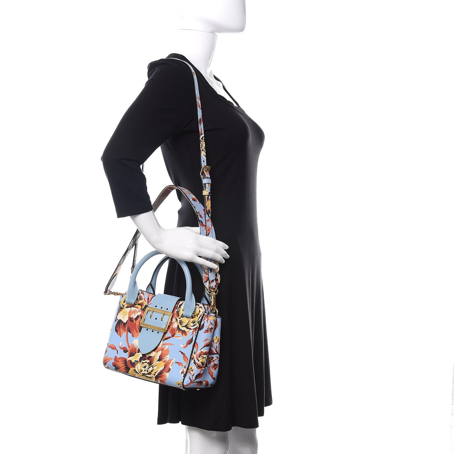 Soft Grain Calfskin Floral Print Medium Buckle Tote Peony Rose Pale Blue Vibrant Orange