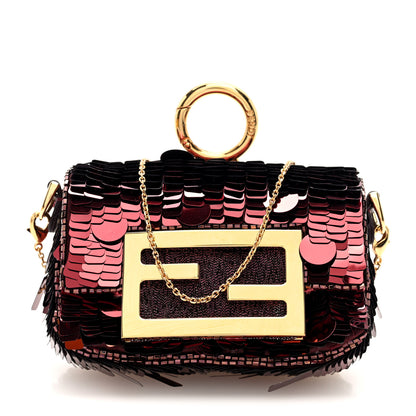 Fendi Sequin Paillettes Shiny Nappa Sex and the City Nano Maxi Buckle Baguette Charm Granata 1 of 10