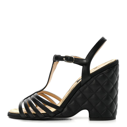 Chanel Grained Calfskin Quilted Wedge Sandals 38 Black 1 of 9