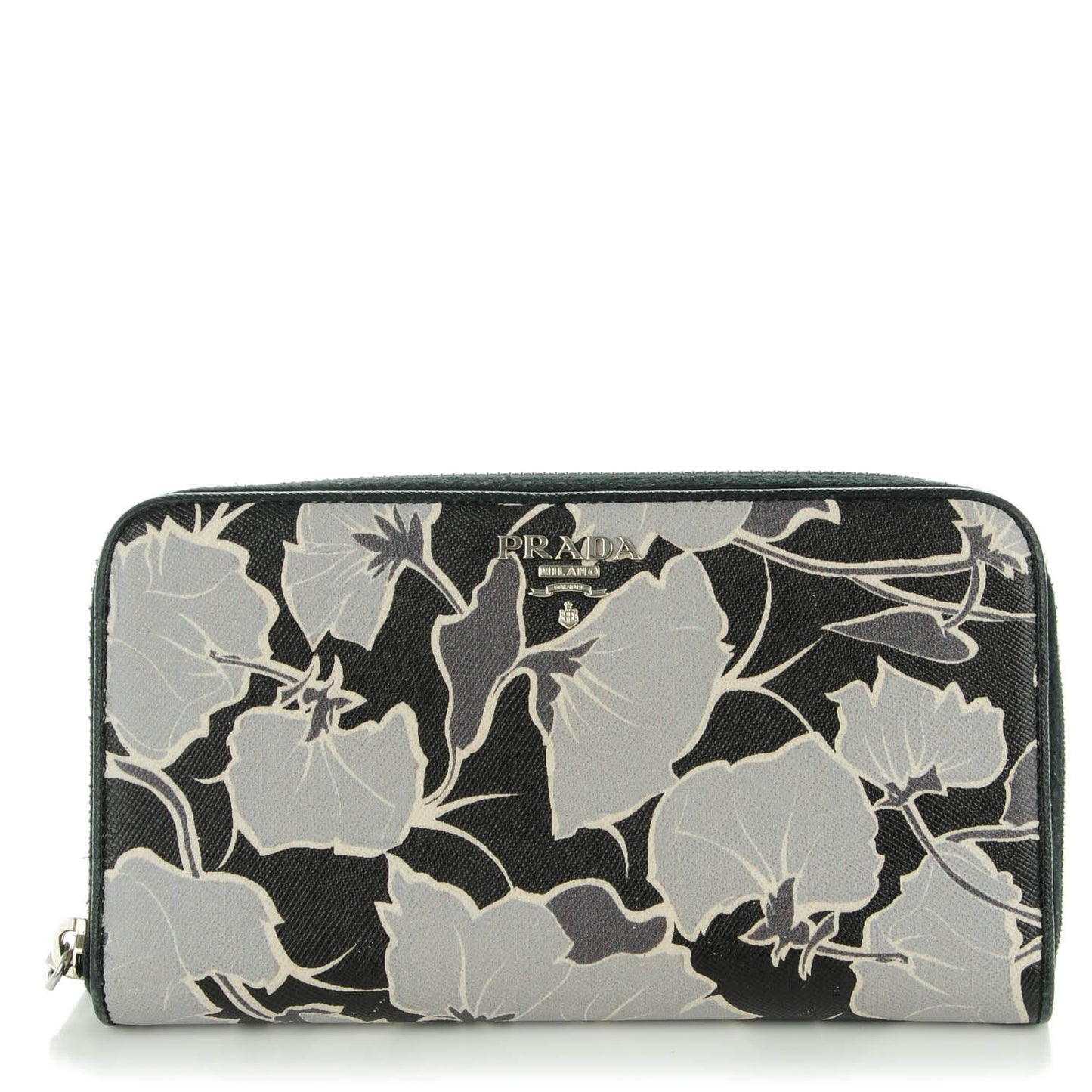 Saffiano Floral Print Zip Around Wallet Nero Black
