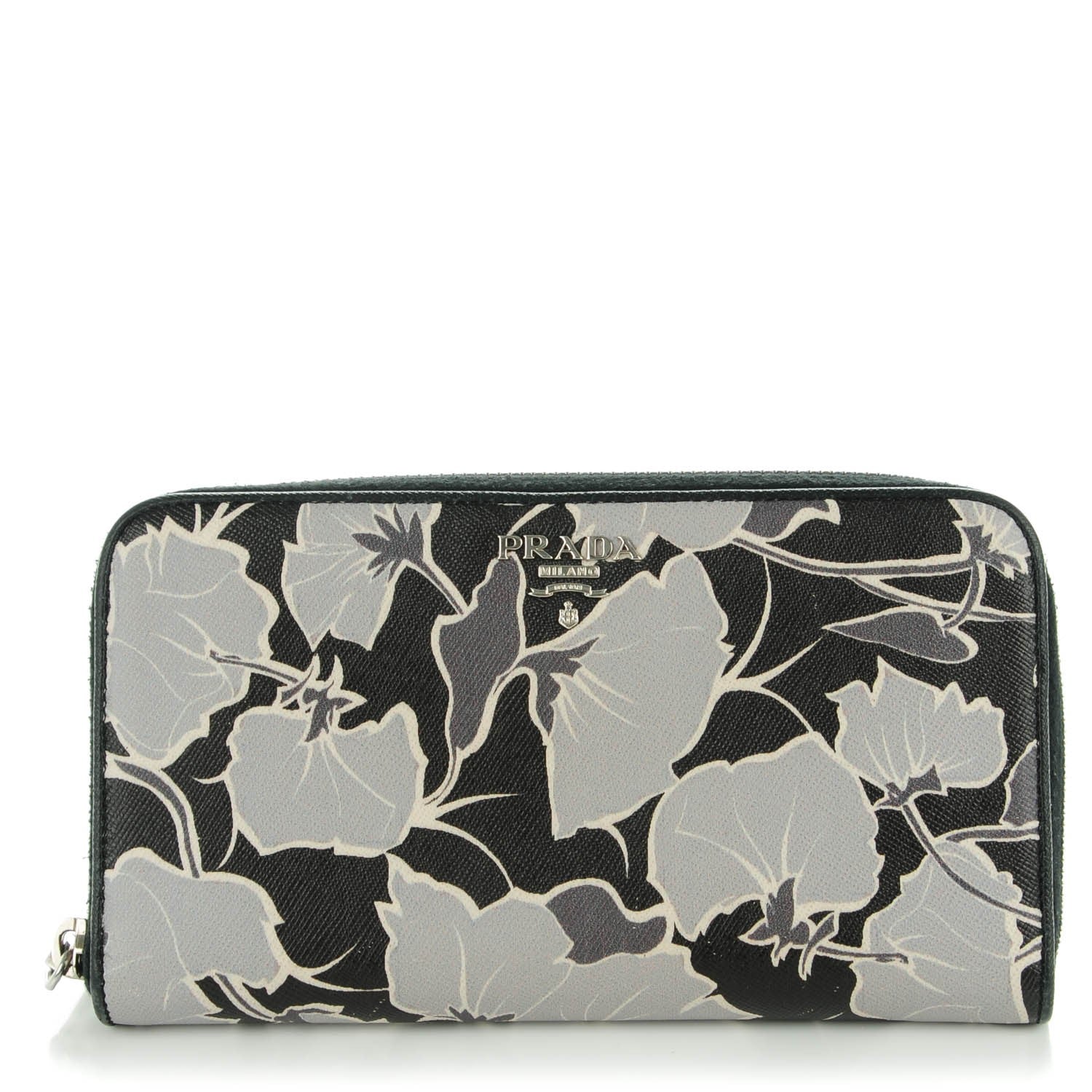 Prada Saffiano Floral Print Zip Around Wallet Nero Black 1 of 8