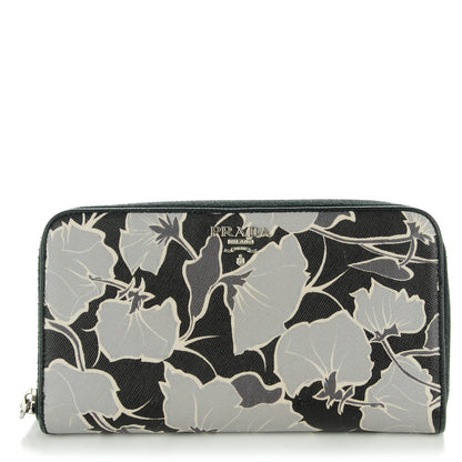 Prada Saffiano Floral Print Zip Around Wallet Nero Black 1 of 8