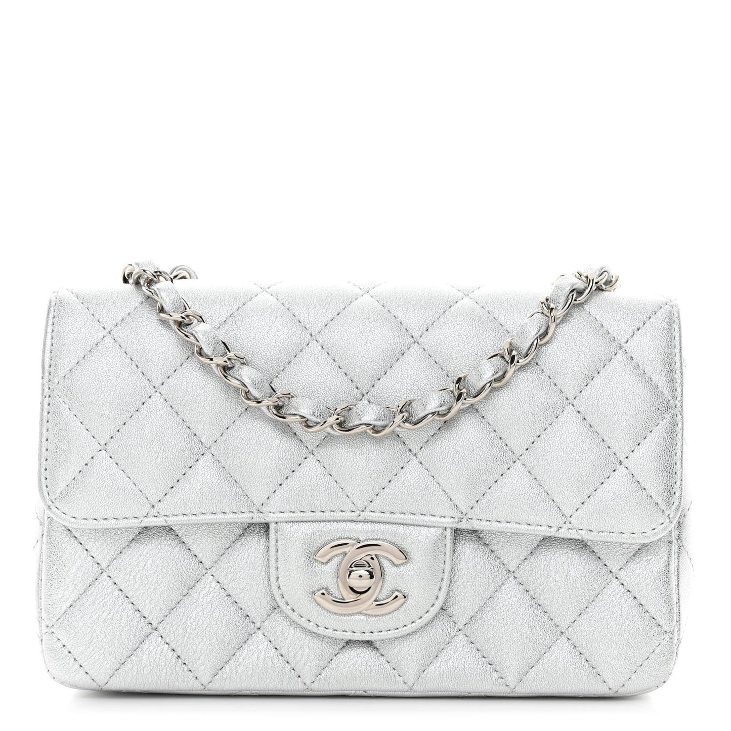 Metallic Lambskin Quilted Mini Rectangular Flap Silver