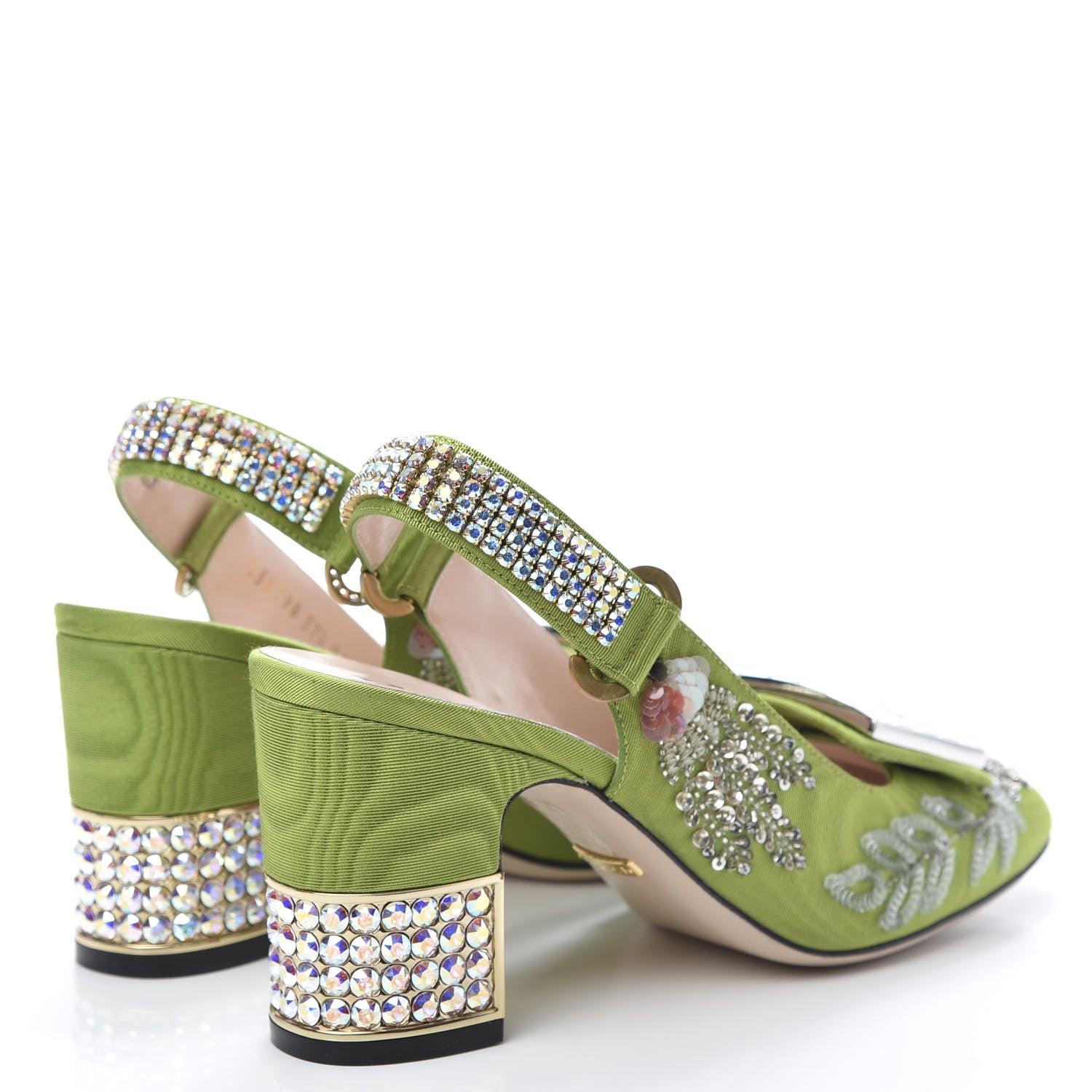 Gucci Moire Fabric Eyes Crystal Square G Madelyn Slingbacks 37.5 Lemon Leaf 4 of 10