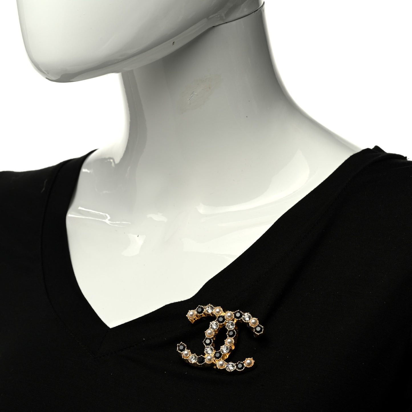 Pearl Crystal CC Brooch Black Gold