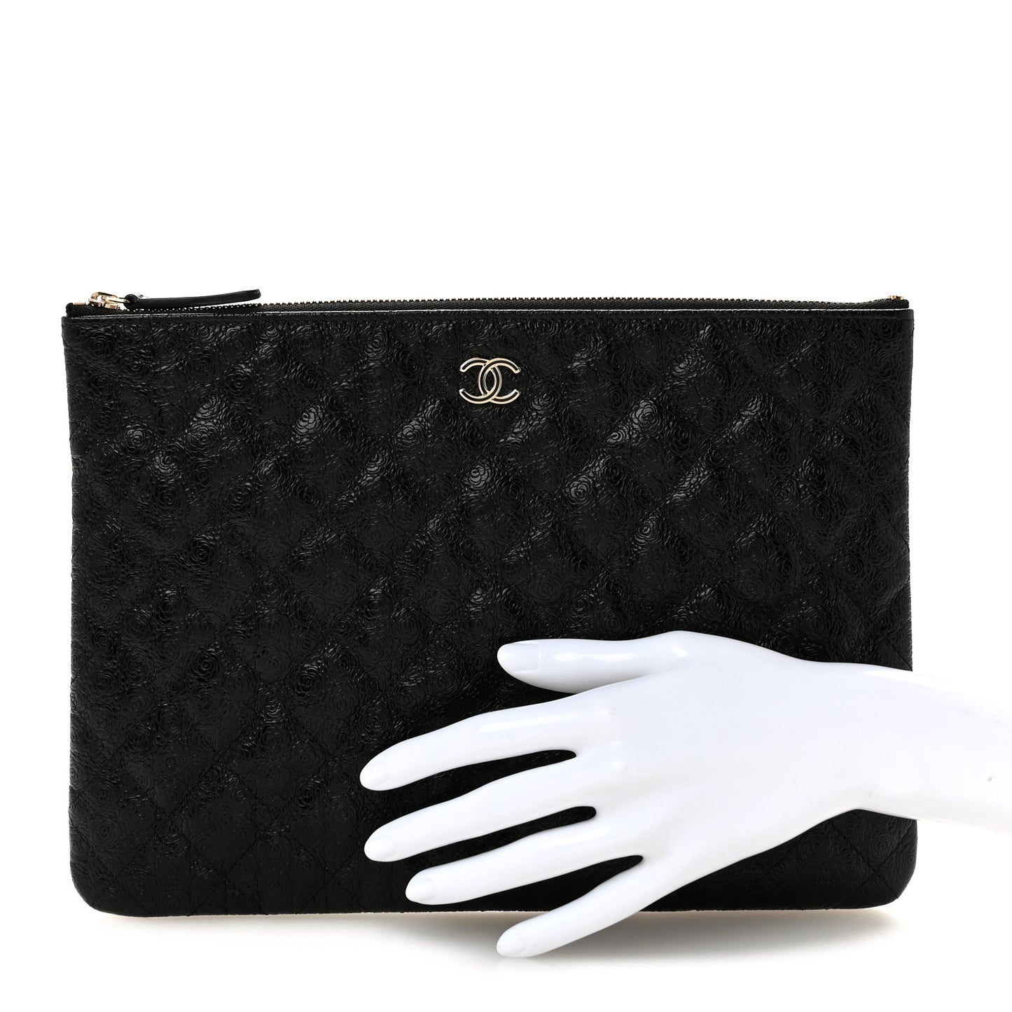 Calfskin Camellia Embossed Quilted Medium Cosmetic Case Black