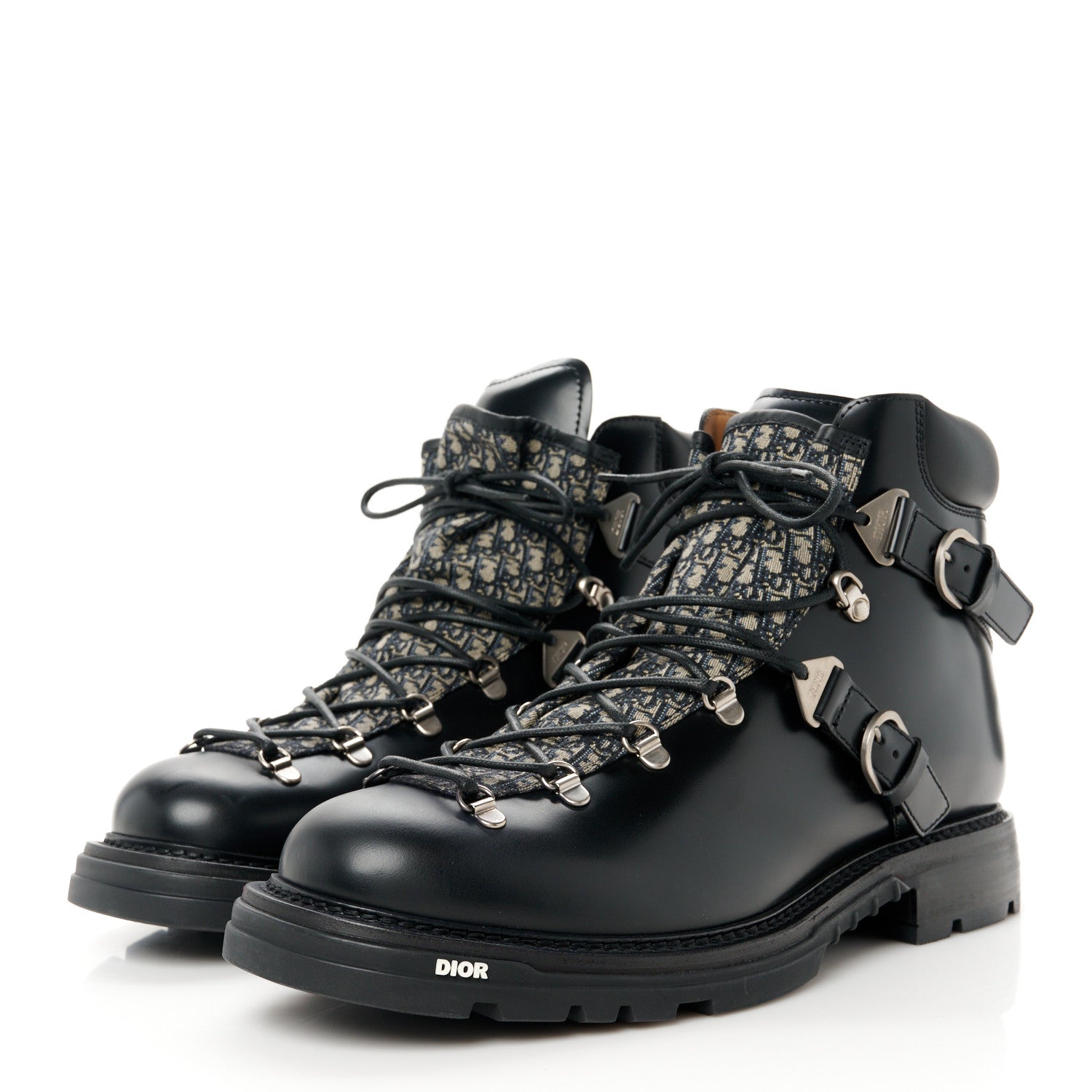 Christian Dior Oblique Calfskin Mens Explorer II Buckle Hiking Boots 45 Black Blue 3 of 9