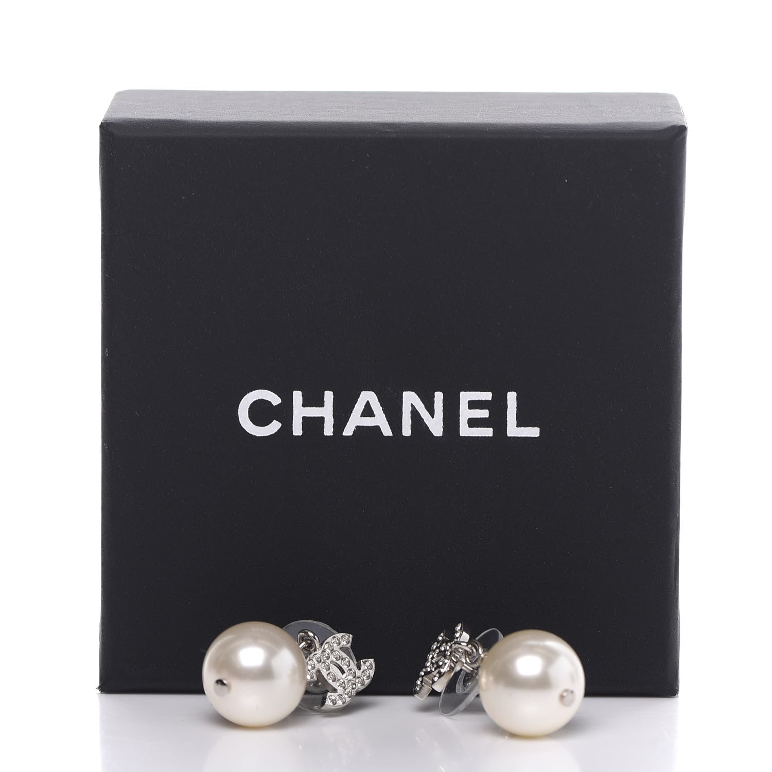 Chanel Crystal Pearl CC Drop Earrings Silver 5 of 5