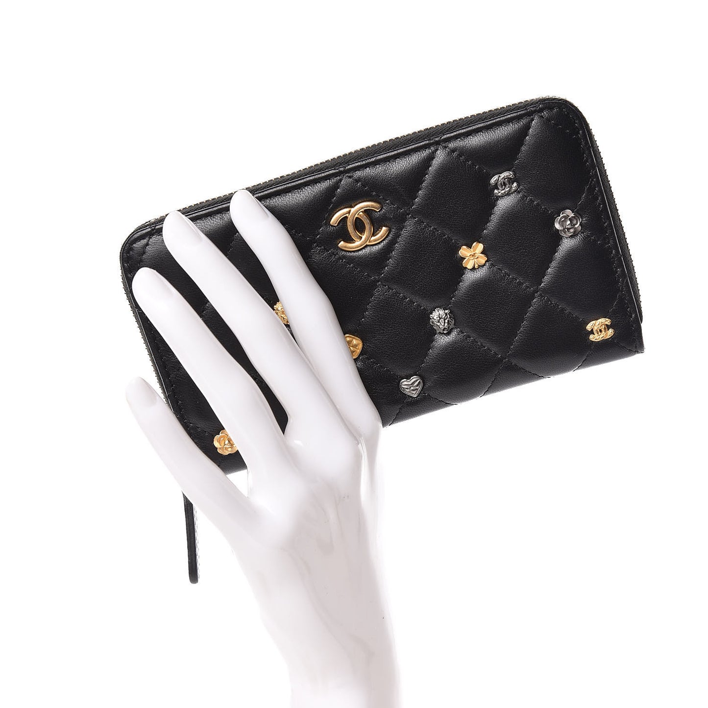 Lambskin Quilted Small Lucky Charms Zip Around Wallet Black