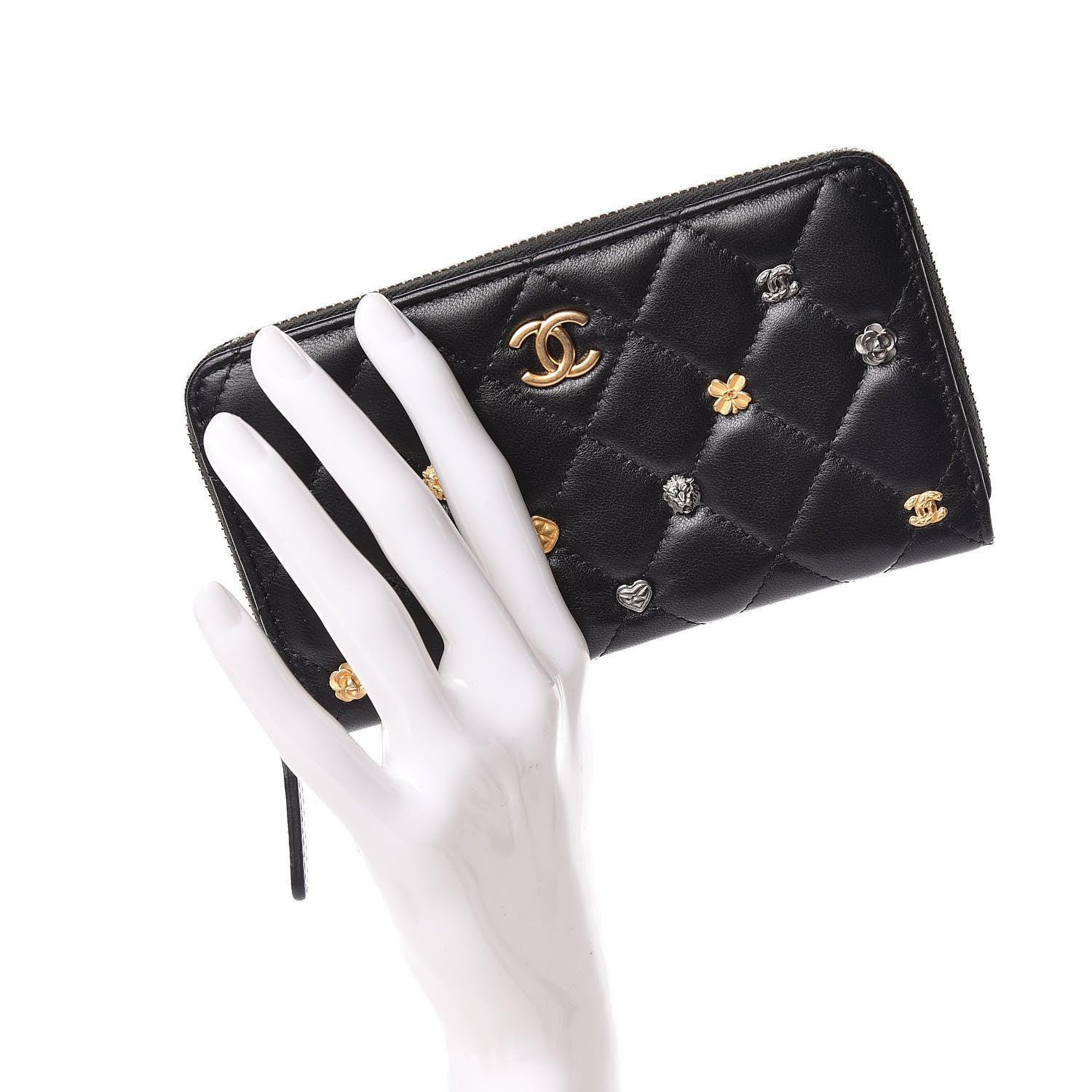 Chanel Lambskin Quilted Small Lucky Charms Zip Around Wallet Black 2 of 12