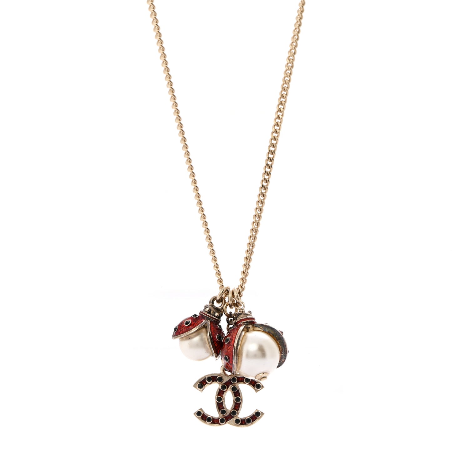 Enamel Pearl CC Ladybug Necklace Gold Red