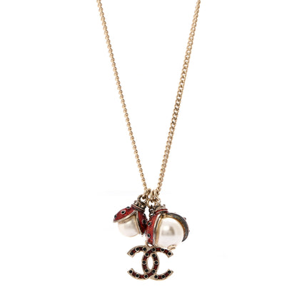 Chanel Enamel Pearl CC Ladybug Necklace Gold Red 4 of 7