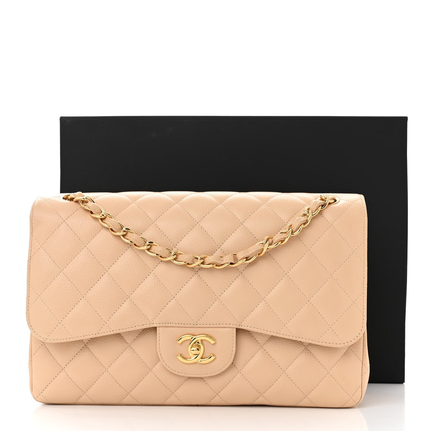 Caviar Quilted Jumbo Double Flap Beige