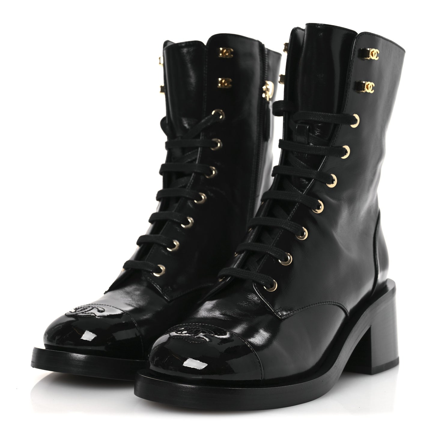 Shiny Calfskin Patent Cap Toe Lace Up Combat Boots 38 Black