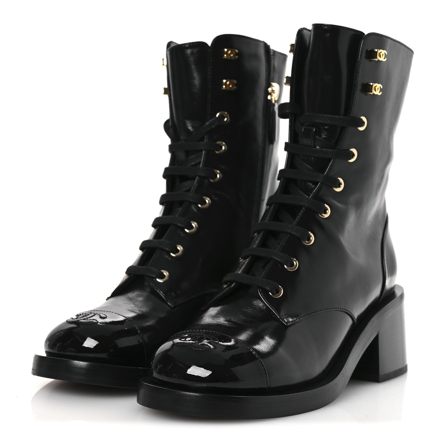 Chanel Shiny Calfskin Patent Cap Toe Lace Up Combat Boots 38 Black 4 of 12