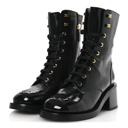 Chanel Shiny Calfskin Patent Cap Toe Lace Up Combat Boots 38 Black 4 of 12