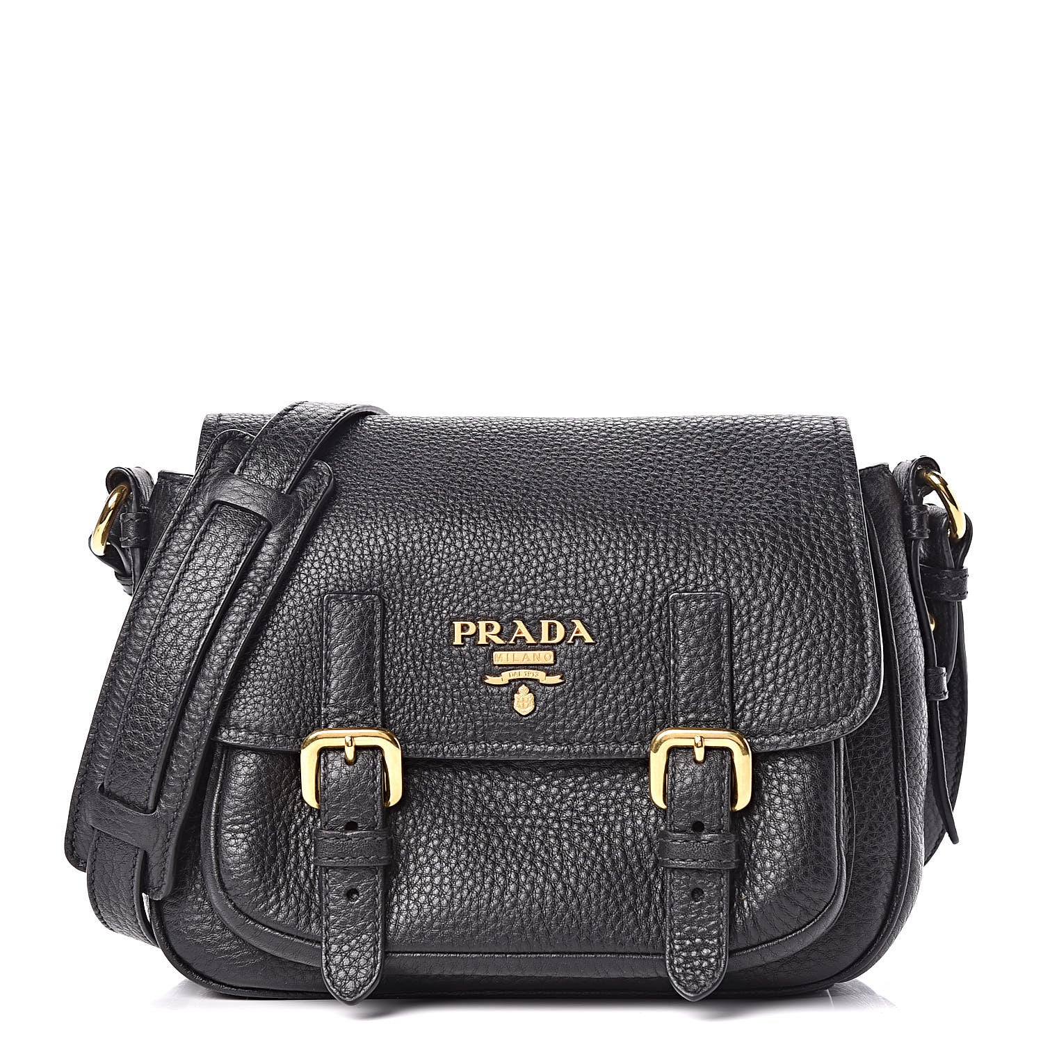Prada Vitello Daino Double Buckle Messenger Bag Black 1 of 14