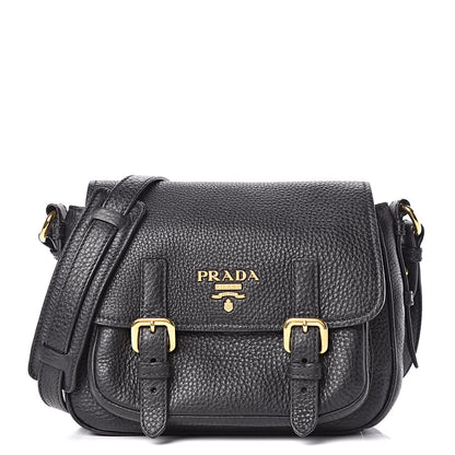Prada Vitello Daino Double Buckle Messenger Bag Black 1 of 14