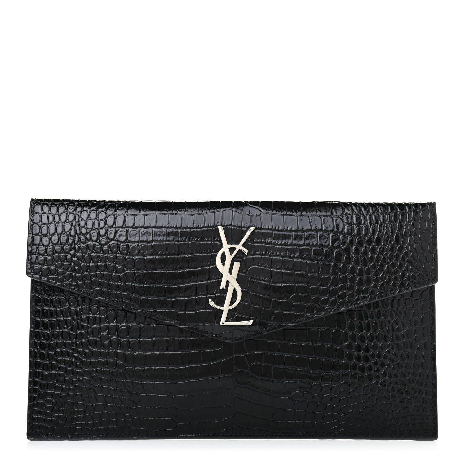 Saint Laurent Calfskin Crocodile Embossed Uptown Monogram Pouch Black 1 of 4