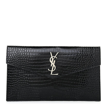 Saint Laurent Calfskin Crocodile Embossed Uptown Monogram Pouch Black 1 of 4