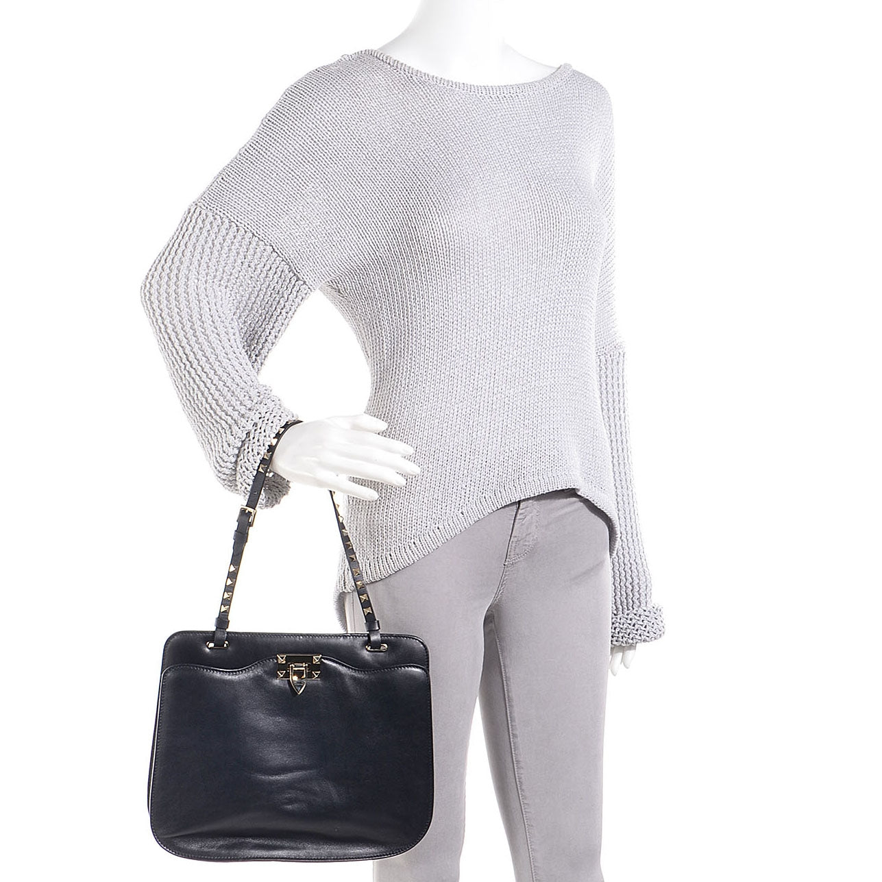 Vitello Rockstud Shoulder Satchel Navy
