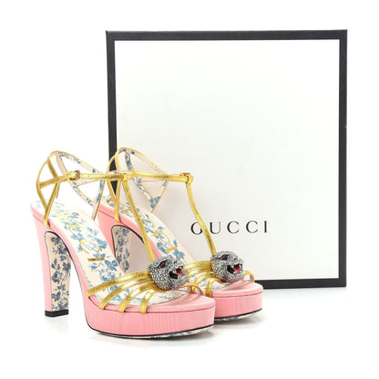 Gucci Moire Fabric Nappa Elias T-Strap Platform High Heel Sandals 38 Pink Gold 11 of 11