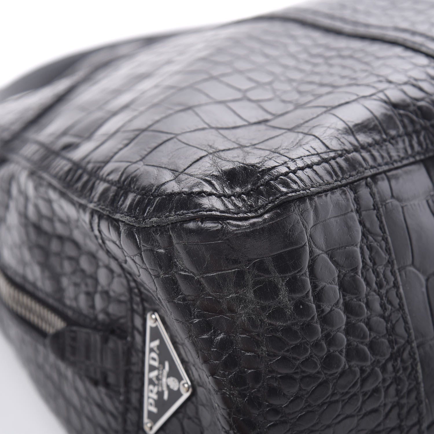 Prada Calfskin Crocodile Embossed Satchel Black 9 of 15
