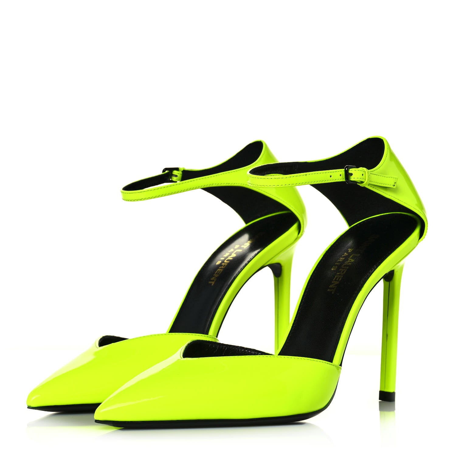 Saint Laurent Patent Anja 85 Ankle Strap Pointed Pumps 37.5 Fluo Yellow 3 of 9