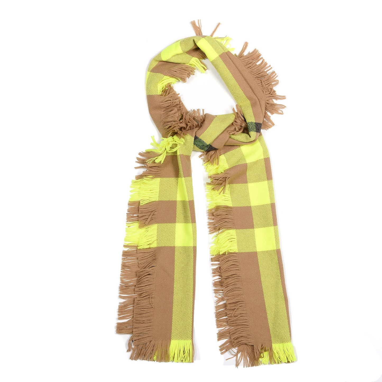 Wool Half Mega Check Fringe Scarf Neon Yellow