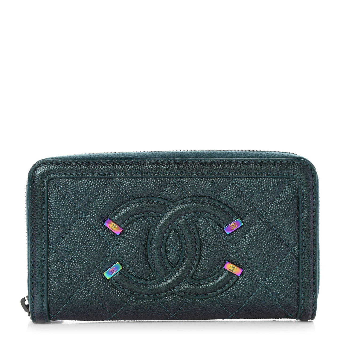 Iridescent Caviar Quilted Medium Filigree Zip Around Wallet Dark Turquoise